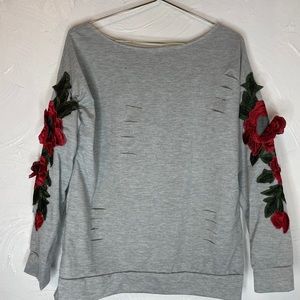 Shein Distressed Gray Floral Sleeve Pullover Large